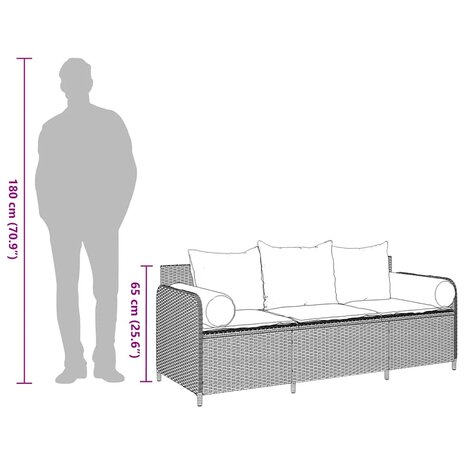 Tuinbank 3-zits met kussens poly rattan grijs
