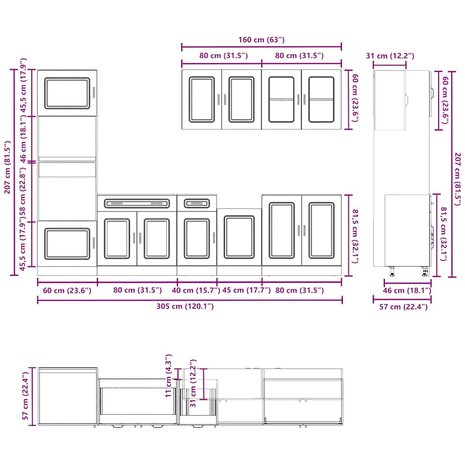 7-delige Keukenkastenset Kalmar bewerkt hout bruin eikenkleur
