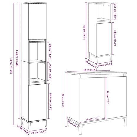 3-delige Badkamermeubelset bewerkt hout betongrijs